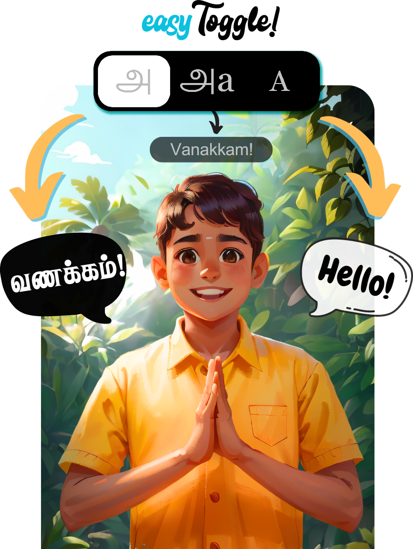 Smiling Tamil boy saying Vanakkam with translation and transliteration, showing how Imagine Tamil is interactive
